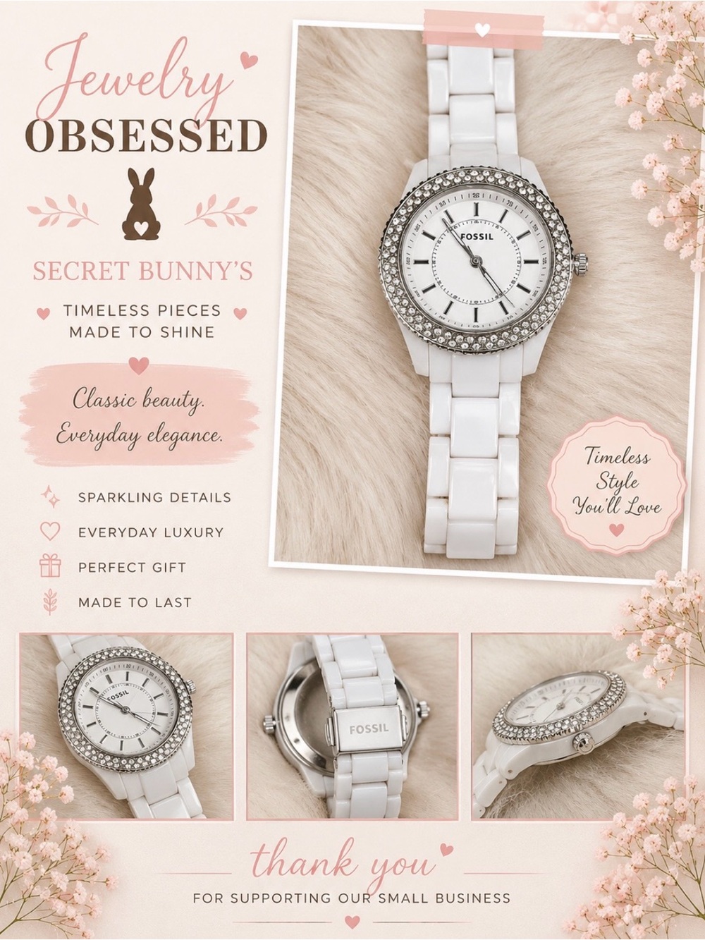 Fossil Women's White Ceramic Watch with Crystal Bezel